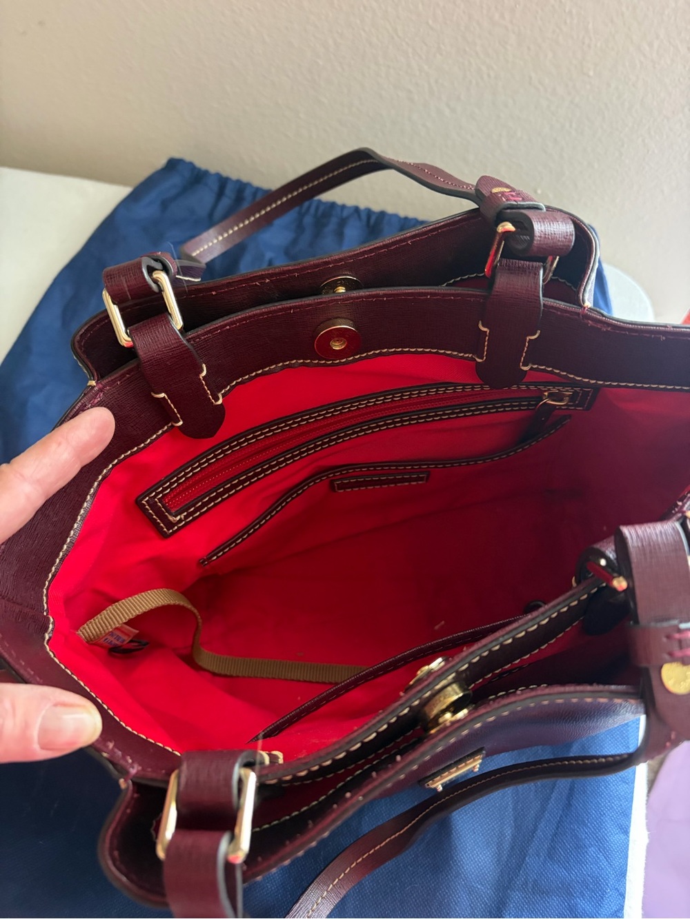 Dooney & Bourke Burgundy Leather Tote with Gold Hardware - Picture 3 of 4